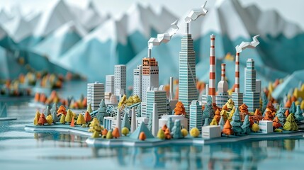 Intricately crafted papercraft skyline showcasing the synergy between a city and its industrial sector. Illustration, Minimalism,