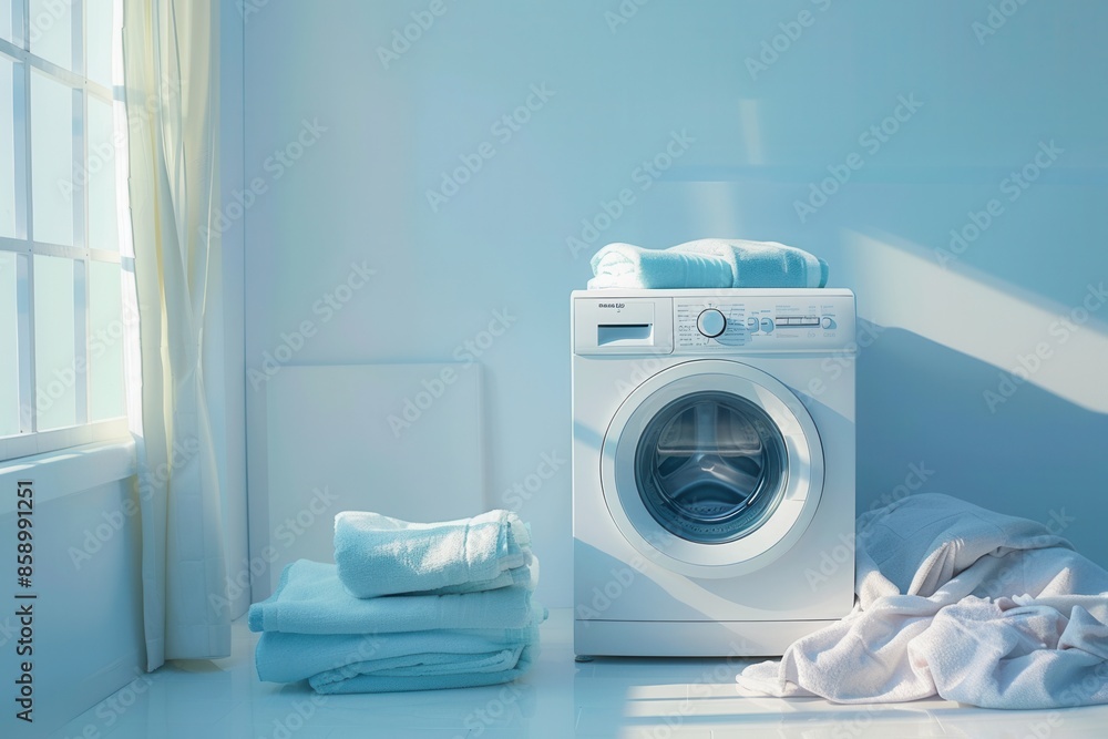 Poster a white washing machine with a blue, clear door sits in a brightly lit room, with a stack of clean, 