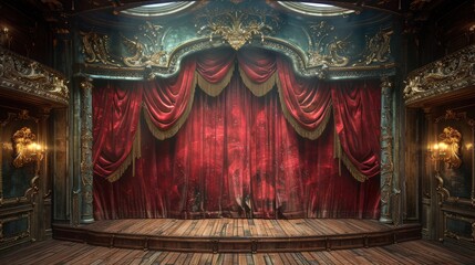 Stage and Curtain in an Old Theater
