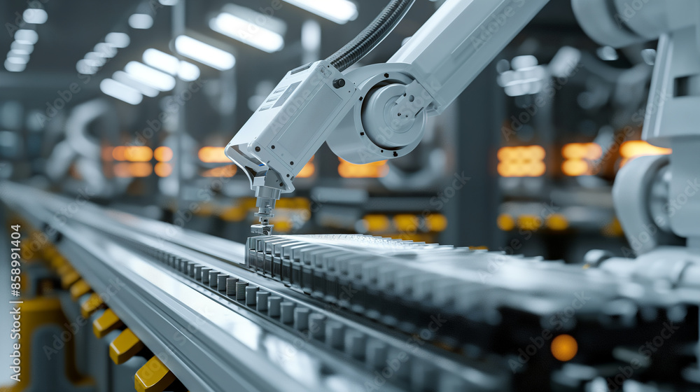 Poster battery operated industrial robot arm for assembly on factory production lines. artificial intellige