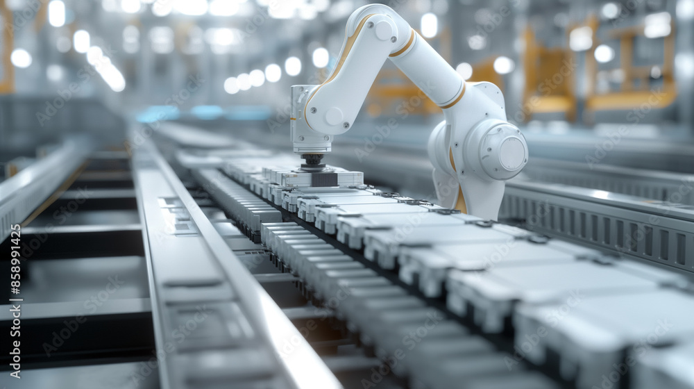 Poster battery operated industrial robot arm for assembly on factory production lines. artificial intellige