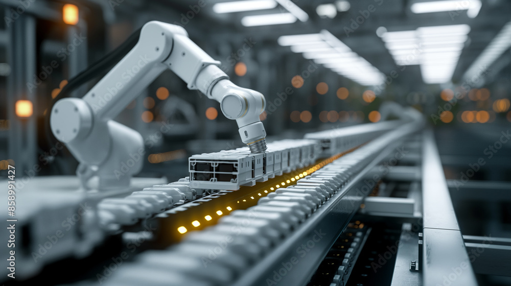 Poster battery operated industrial robot arm for assembly on factory production lines. artificial intellige