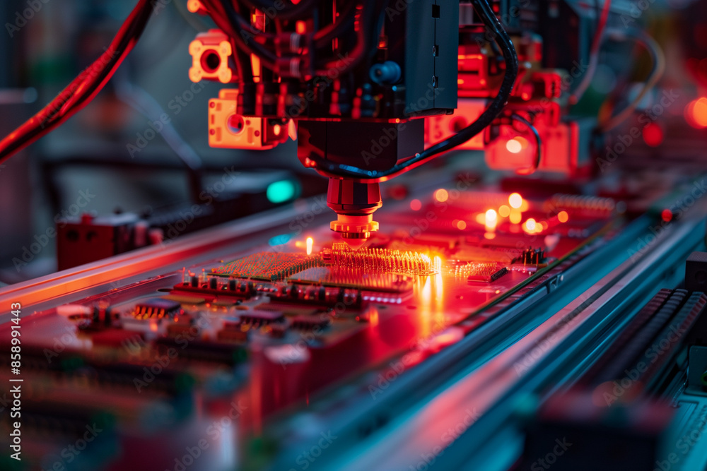 Aufkleber automated robot for circuit board (pcb) assembly during soldering or welding of parts at a factory. 