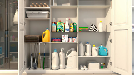 A meticulously organized shelf with various cleaning supplies and household items neatly arranged in a white cabinet.