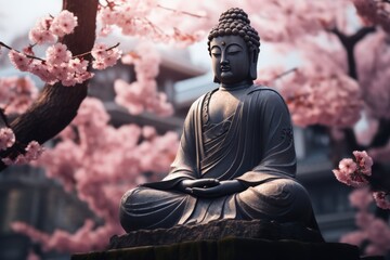 Buddha statue serenely seated amidst delicate pink blossoms on a graceful tree branch