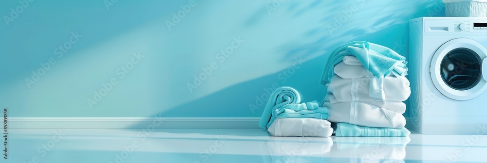Poster a stack of neatly folded clean laundry sits next to a white washing machine in a room with light blu