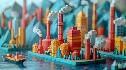 Obraz premium Vibrant paper scene showcasing the synergy between urban development and industrial growth. Illustration, Minimalism,