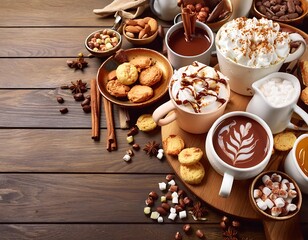 Fototapeta premium A decadent hot chocolate bar featuring mugs of rich hot chocolate topped with whipped cream