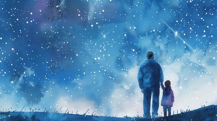 A father and his daughter stand side by side, gazing up at the vast expanse of the night sky, dotted with countless stars. They are silhouetted against the luminous backdrop, their figures small in co