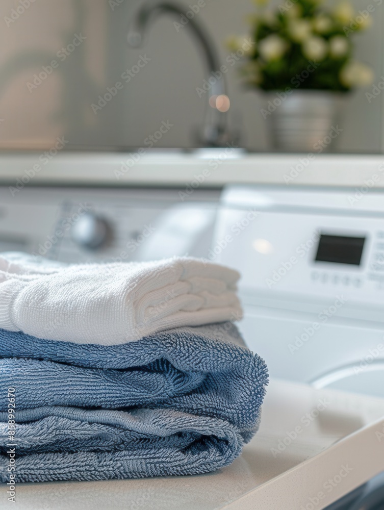 Poster close-up of neatly folded blue towels resting on the countertop above a washing machine in a laundry