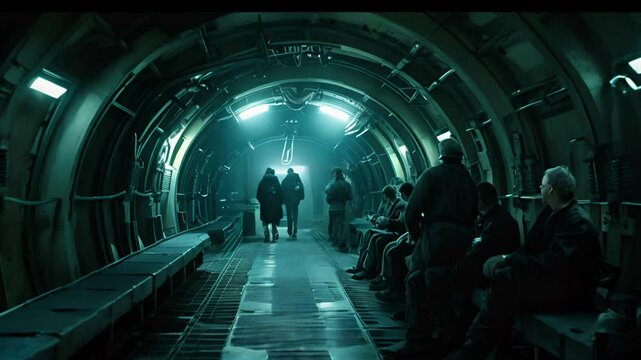 The dimly lit interior of a submarine or ship with people sitting