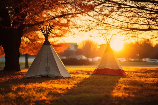 Traditional Native American Teepees Displayed In A Serene Field Alongside A Lush Green Forest