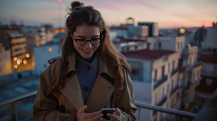 Obraz premium A young woman in a cozy coat smiles warmly as she checks her phone, standing on a rooftop overlooking a beautiful cityscape illuminated by the setting sun.