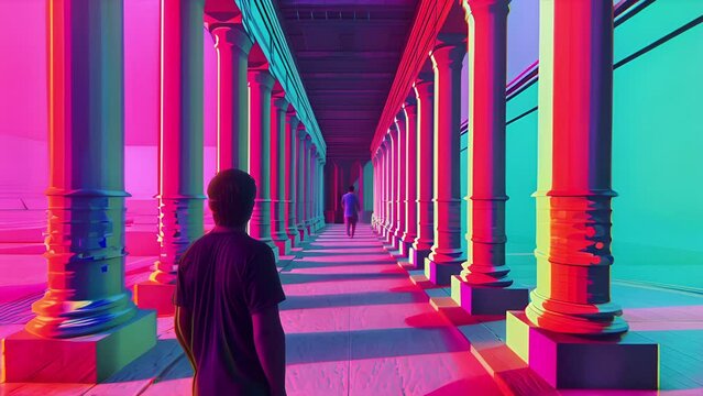 Pushing down a hallway in Anaglyph 3D style with a person in silhouette.