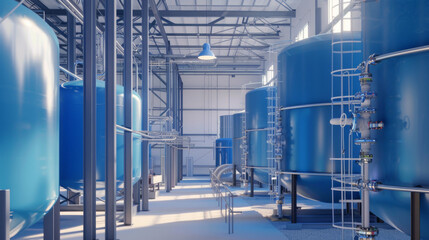 Fototapeta premium Industrial facility with large blue storage tanks and intricate network of metal pipes under bright illumination.