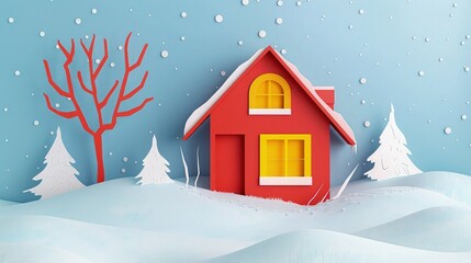 Fototapeta premium Paper art, cut, handmade 3d illustration. Red paper house with yellow window. Winter nature landscape. House on bank under snow. 