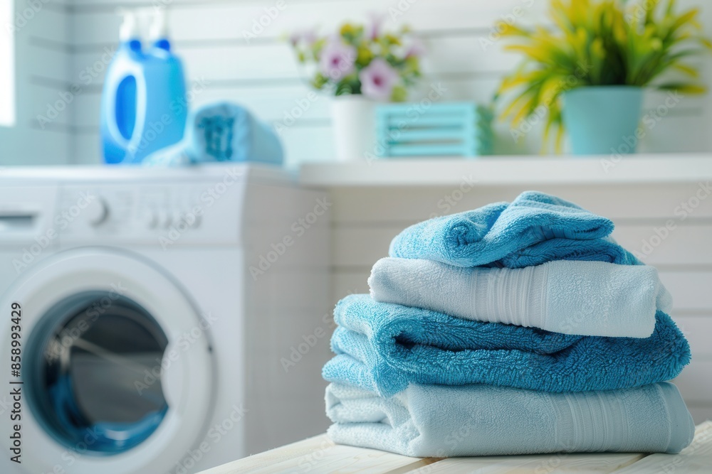 Poster a stack of freshly washed and folded towels sits on a countertop in a bathroom, with a white washing