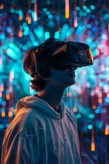 Obraz premium Young man wearing a VR headset, surrounded by vibrant blue and orange lights. The dynamic background highlights an immersive and futuristic digital experience