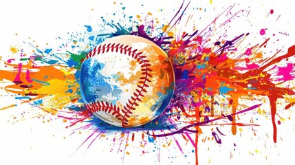 Abstract Softball ball artwork with colorful paint splashes on white background for sports and art theme