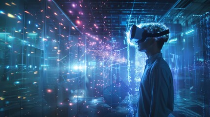 Man wearing a VR headset, engaging with dynamic and colorful data streams. The scene is illuminated with vibrant blue and pink lights, representing futuristic technology