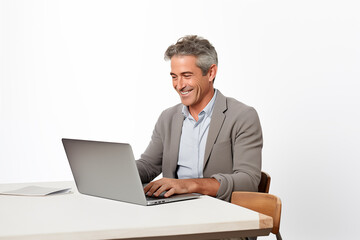 Middle aged man over isolated white background working with a laptop