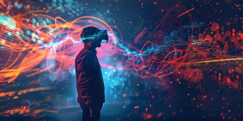 Man wearing a VR headset, surrounded by dynamic blue and orange light trails. The vibrant scene highlights an immersive and futuristic digital experience