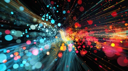 Abstract visualization of data flow in virtual reality, featuring dynamic blue, orange, and red light trails. The vibrant scene highlights an immersive digital experience