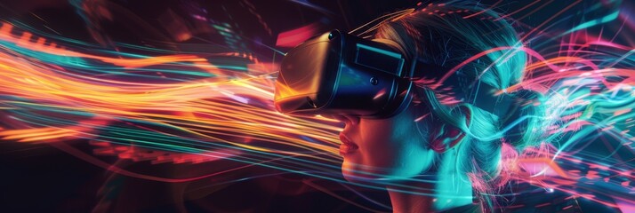 Woman with VR headset immersed in a vivid virtual reality world, surrounded by dynamic neon light trails and flowing data streams in a cybernetic environment