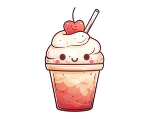 A cute cartoon milkshake with a cherry on top and a straw, smiling happily. isolated on transparent and white background.