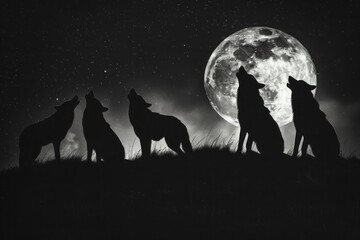 A pack of wolves howling at a crescent moon, their silhouettes stark against the night sky.