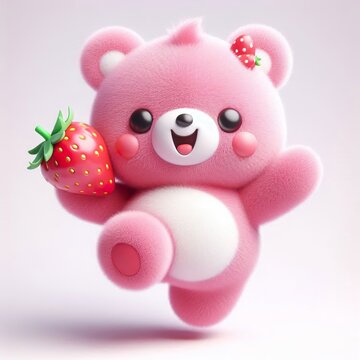 A 3D fluffy cute pink lotso bear holding a strawberry