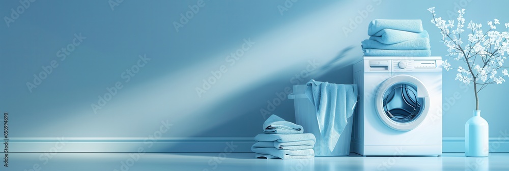 Poster a white washing machine with a stack of clean, folded laundry on top of it. generative ai