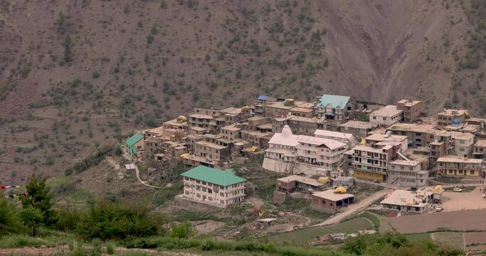 Trilokinath village and temple Garsha Phagpa on left bank of the Chenab River village of Udaipur in the Lahul and Spiti District of Himachal Pradesh, India.
