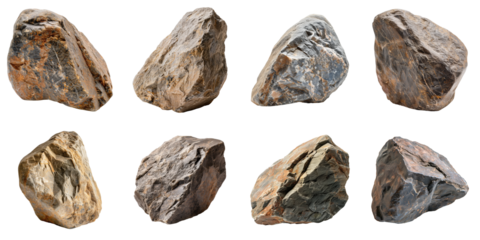 A collection of rock, stones isolated on transparent background