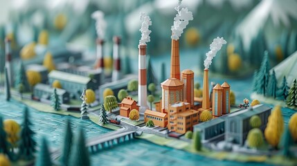 Exquisite papercraft landscape showcasing the intricate relationship between urbanization and industrialization. Illustration, Minimalism,