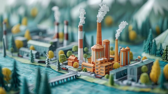 Exquisite papercraft landscape showcasing the intricate relationship between urbanization and industrialization. Illustration, Minimalism,