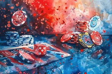 Fototapeta premium Watercolor Painting of Casino Chips and a Dice