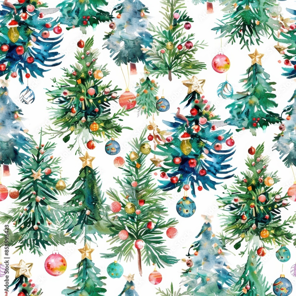 Poster this image is a watercolor painting of a repeating pattern featuring decorated christmas trees. the 