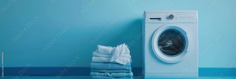 Poster a white washing machine stands next to a stack of neatly folded clean laundry in a room with blue wa