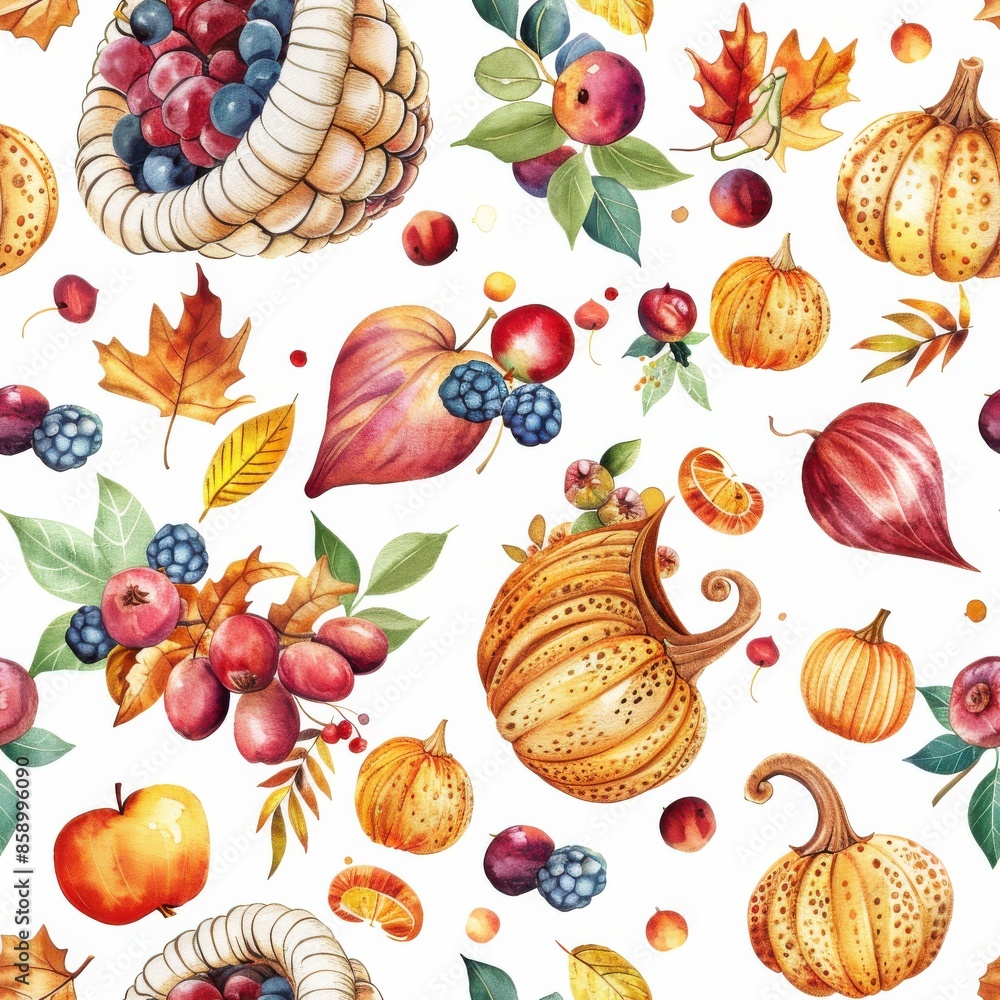 Poster this image depicts a colorful and vibrant watercolor pattern featuring a variety of fall harvest ele