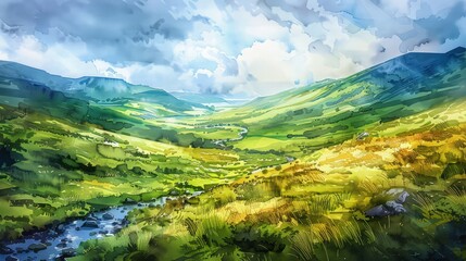 Naklejka premium realistic watercolor style painting of Irish landscape, rolling hills, green valleys, stream running through, less saturated with color.
