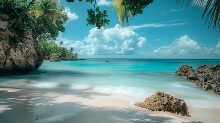 Stunning long exposure shot of a Caribbean beachscape, captured with a Sony A6400 and 21mm lens, hyperrealistic with perfect composition, ambient light illuminating the serene sea