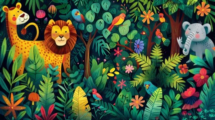 Vibrant illustration of Panchatantra stories, various animals like lions, monkeys, and elephants interacting, colorful birds perched on lush trees, rich flora creating a magical forest setting