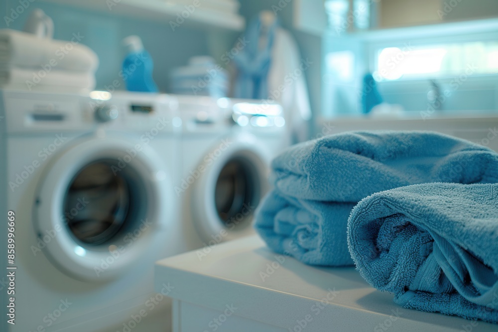 Poster close-up of a countertop with neatly folded blue towels near a washing machine in a laundry room. ge