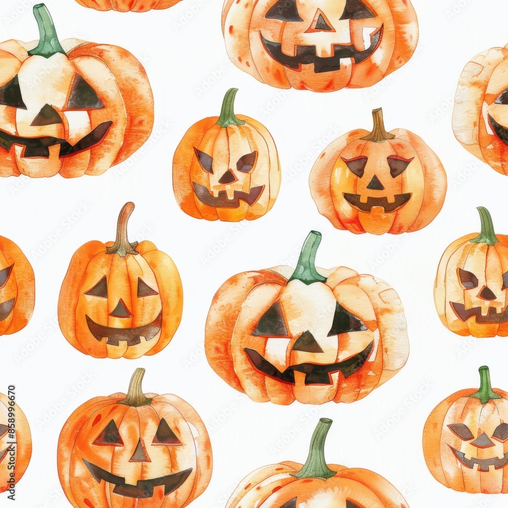 Poster this image features a repeated pattern of watercolor painted jack olantern pumpkins on a white backg