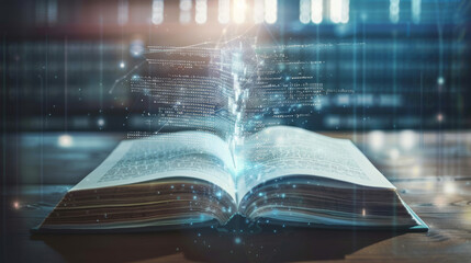 An open book lies on a wooden table in sunlight, with magical, digital streams of light and data emerging from its pages.