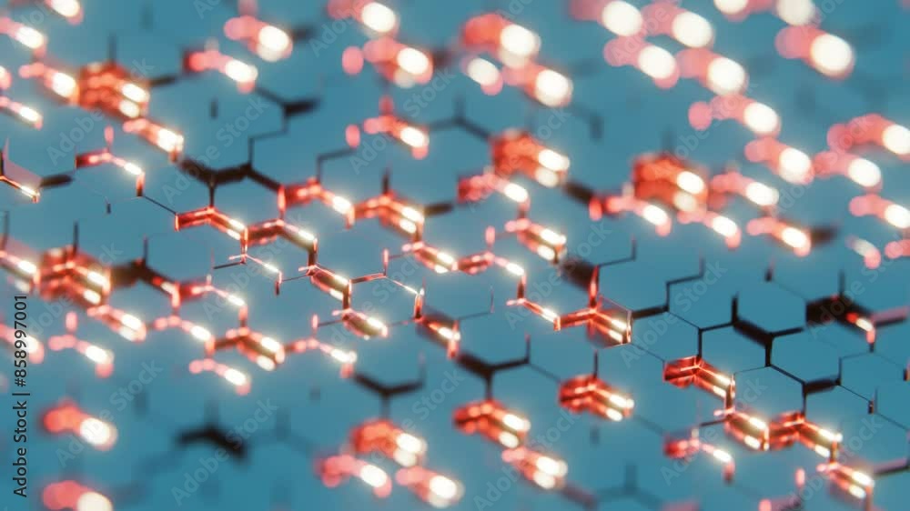 Poster Futuristic 3D Render of Glowing Hexagonal Pattern - Neon Blue and Red Geometric Design