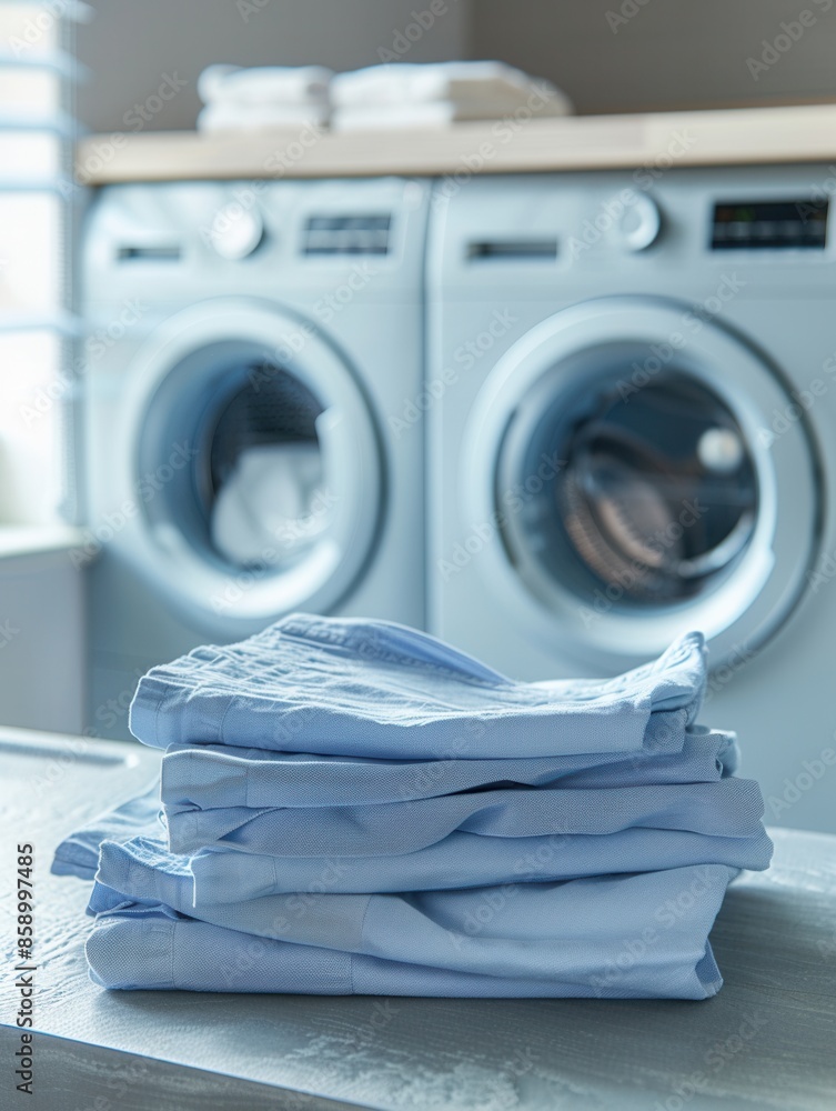 Aufkleber A stack of neatly folded clean laundry sits on a countertop in front of two washing machines in a modern laundry room. Generative AI