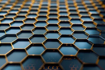 Abstract Background, an elegant 3D design featuring hexagonal grids in rich blue and gold colors, creating a sophisticated visual landscape