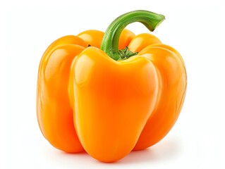 Orange bell pepper with stem isolated on white, vibrant and ready to eat